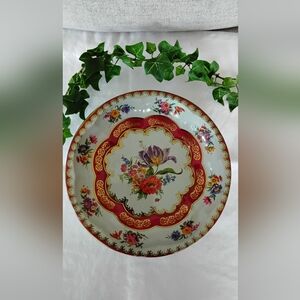 Vintage 1971 Daher Decorated Ware Floral Tin Shallow Bowl with Red/Gold Accents